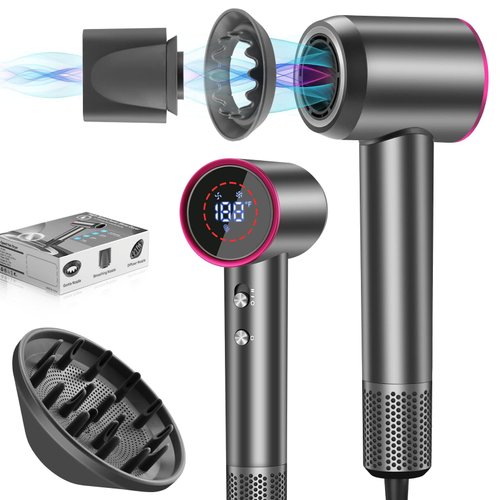 Nuomeisi Hair Dryer - 150,000 RPM Brushless Motor, Ionic Blow Dryer, Low Noise, German HD Display, 4 Temp & 2 Speed Settings, 3 Magnetic Nozzles, All Hair Types, 24 DIY Styling Options, Travel Size