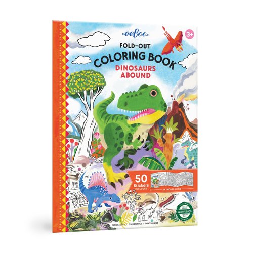 eeBoo: Dinosaurs Abound Fold-Out Coloring Book with Stickers, Includes 50 Full-Color Stickers, Fo...