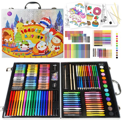 Cokiki Art Supplies, 184-Piece Drawing Art Set, Easter Gift Art Kit Case with Colored Pencils,Crayons,Oil Pastels,Watercolor Paint Set,Creative Gift for Kids 6-12,Teens,Adults Artist Beginners