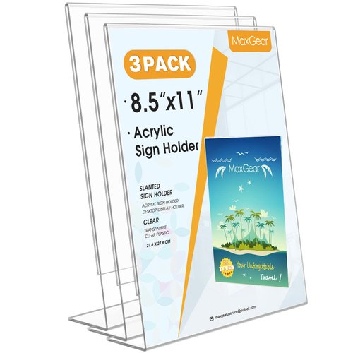MaxGear Acrylic Sign Holder, Clear Sign Holder Plastic Paper Holder Slant Back Sign Holders 8.5x11 inches Sign Holder Plastic Display Stand for Office, Store, 3 Pack