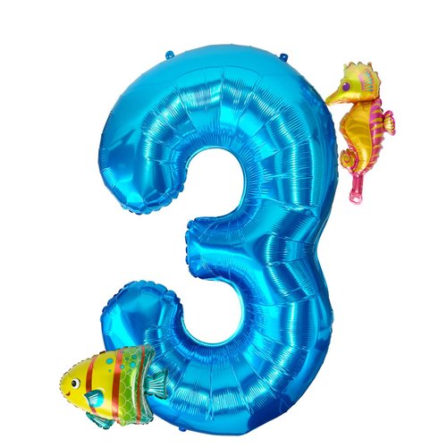 40 Inch Under the Sea Blue Number 3 Balloon, Mini Sea Animal Balloons Ocean Animal Foil Balloon, Seahorse Fish Balloons for Boys Girls Sea Theme 3rd Birthday Baby Shower Party Decoration