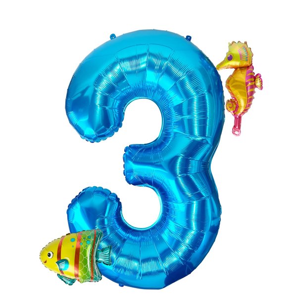 40 Inch Under the Sea Blue Number 3 Balloon, Mini Sea Animal Balloons Ocean Animal Foil Balloon, Seahorse Fish Balloons for Boys Girls Sea Theme 3rd Birthday Baby Shower Party Decoration