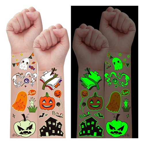 Partywind 12 Sheets Glow Halloween Party Supplies for Kids Treats, Halloween Tattoos for Birthday Party Decorations, Trick or Treat Tattoo Stickers with Pumpkin/Ghosts/Skeletons, Goodie Bag Stuffers