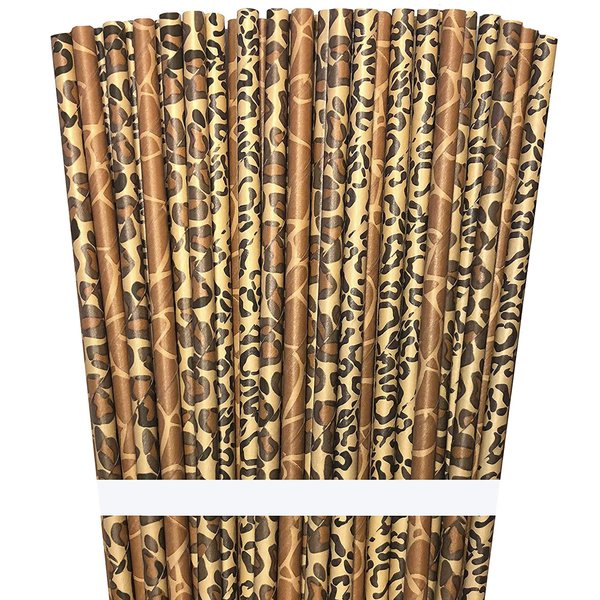 Outside the Box Papers Safari Theme Animal Print Paper Drinking Straws 7.75 Inches 75 Pack Black, Brown, Tan