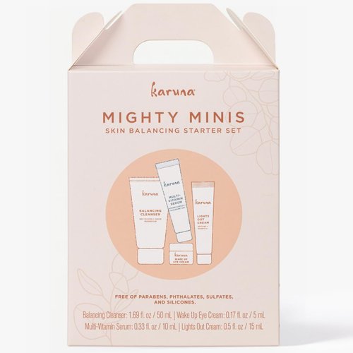 Karuna Mighty Minis, Skin Balancing Starter Set | Includes: Balancing Cleanser 1.69oz/50ml, Wake Up Eye Cream 0.17oz/5ml, Multi-Vitamin Serum 0.33oz/10ml & Lights Out Cream 0.5oz/15ml