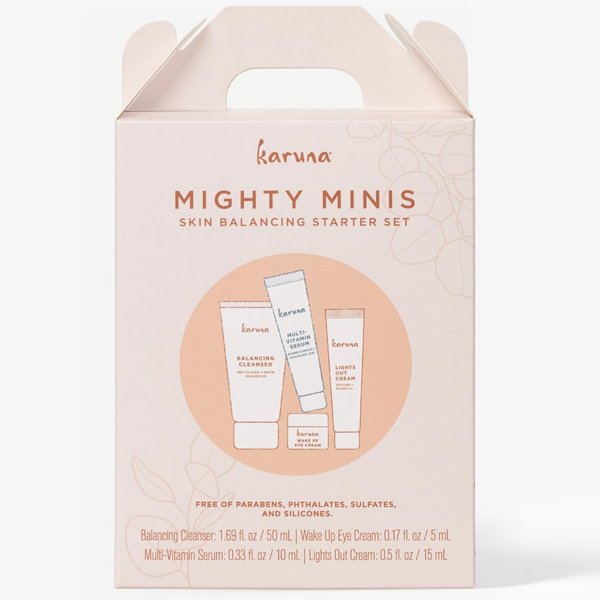 Karuna Mighty Minis, Skin Balancing Starter Set | Includes: Balancing Cleanser 1.69oz/50ml, Wake Up Eye Cream 0.17oz/5ml, Multi-Vitamin Serum 0.33oz/10ml & Lights Out Cream 0.5oz/15ml