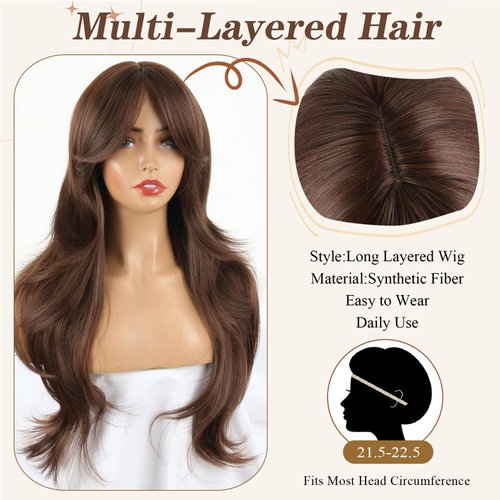 Mayoud Layered Wig With Curtain Bangs For Women Dark Brown Long Multi-Layered Wig Straight Wavy Hair Wig Natural Looking Synthetic Heat Resistant Wigs for Daily Party Use (26Inch, Dark Brown#)