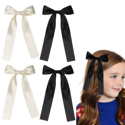 4 Pack Hair Bows for Girls, Hair Clips Hair Ribbons for Women, Satin Bow Hair Clips for Toddlers(Beige, Black)