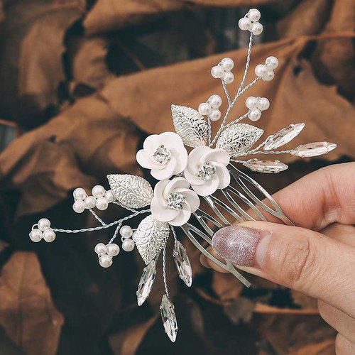 Latious Flower Bride Wedding Hair Comb Leaf Bridal Side Comb Sparkly Crystal Hair Piece Pearl Hair Accessorie for Women and Girls (Silver)