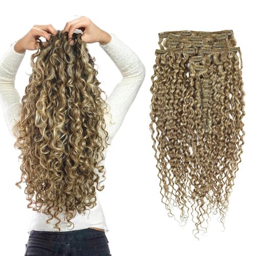 Hyssiet 16 Inch Curly Human Hair Clip in Extensions 7pcs with 16 Clips Healthy Wavy Clip Hair Extensions Real Human Hair 120g Light Brown Highlighted Bleach Blonde Soft Thick Curly Hair Extensions