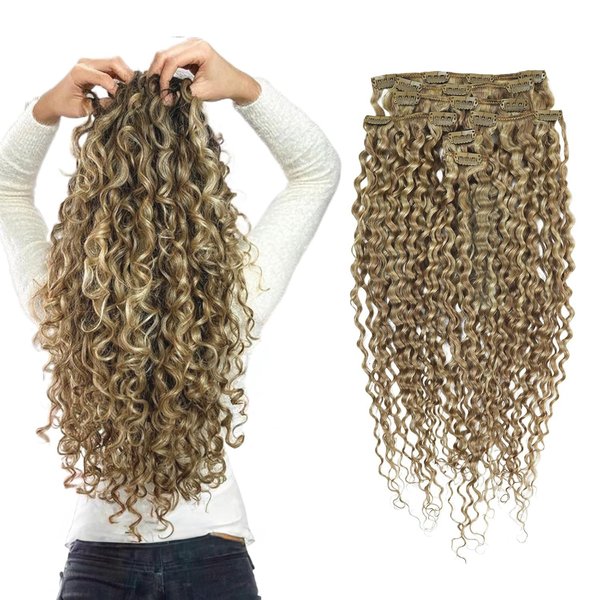 Hyssiet 16 Inch Curly Human Hair Clip in Extensions 7pcs with 16 Clips Healthy Wavy Clip Hair Extensions Real Human Hair 120g Light Brown Highlighted Bleach Blonde Soft Thick Curly Hair Extensions