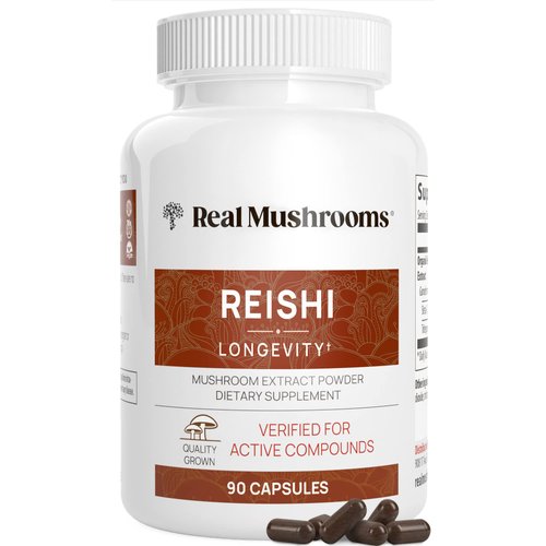 Real Mushrooms Reishi Capsules - Organic Mushroom Extract Supplement with Potent Red Reishi Mushroom - Vegan Mushroom Supplement, Non-GMO, 90 Caps