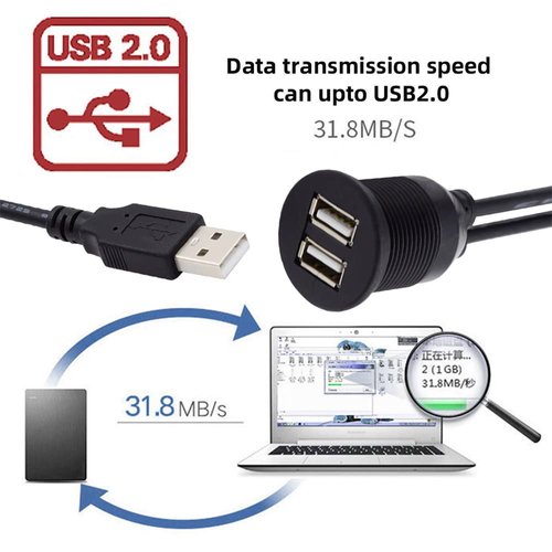 NFHK 1m Waterproof Dustproof 480Mbps USB2.0 Type-A Male to Dual Female Hub Extension Data Power Cable Car Panel Mount Design