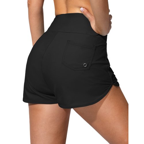 Jarvanv Women's Swim Shorts with Pockets High Waisted Tummy Control Board Swimsuit Bathing Shorts for Women with Liner(Black,XL)