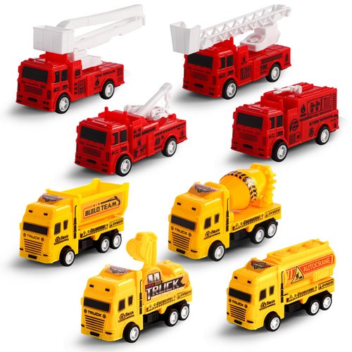 HSMQ 8 Pack Pull Back Cars Vehicle Toys Set, Fire Truck Construction Truck Model for Kids Boys Girls Toddler, Mini Pull Back Vehicles Party Favors Birthday Gift Classroom Prize Pinata Fillers
