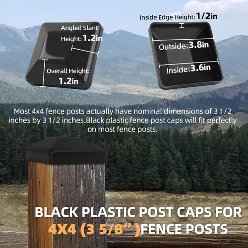(6-Pack) 4x4 (3 5/8") Fence Post Caps - Made from Black Durable Plastic - Protect Wooden Fence Poles Outdoor in Low Profile