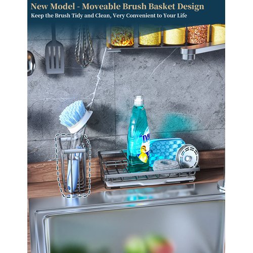 Consumest Sink Caddy, Kitchen Sponge Holder + Dish Brush Holder for Kitchen Sink, Sink Organizer with Drip Tray for Countertop, Stainless Steel Rustproof - Silver