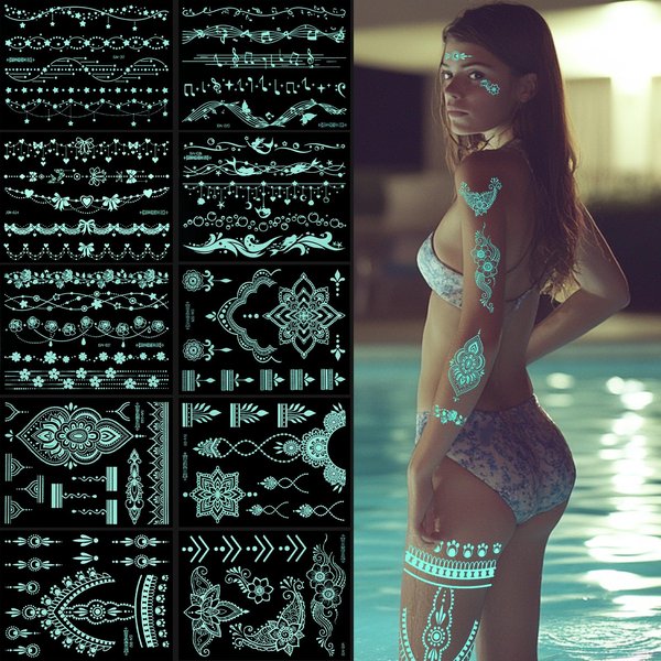 Blue Glow Temporary Tattoos Glow in the Dark Tattoo Kit Neck Clavicle Body Art Makeup In The Dark for Women Adults Arm Hands and Rave Festival Accessories