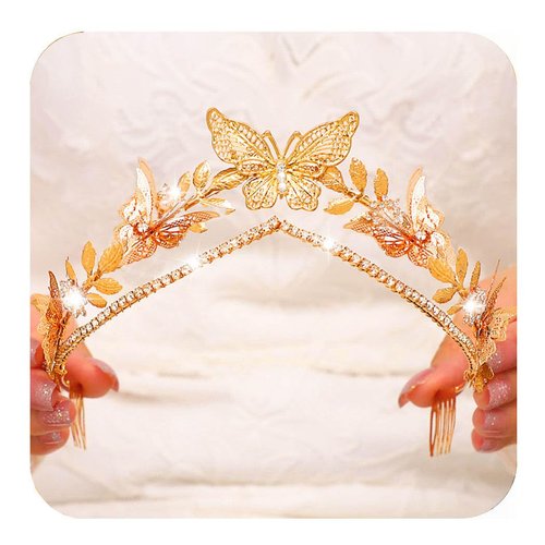 Kilshye Butterfly Wedding Crowns and Tiaras Gold Leaf Headband Rhinestone Bridal Headpiece for Brides and Women