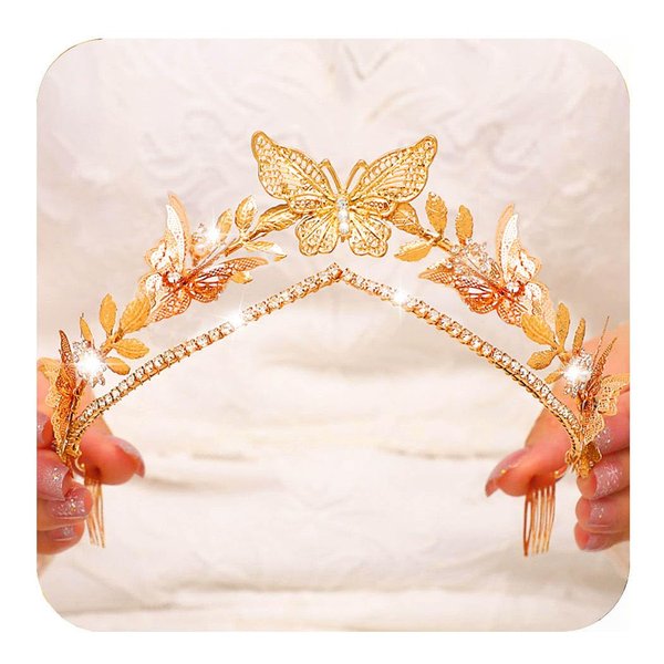 Kilshye Butterfly Wedding Crowns and Tiaras Gold Leaf Headband Rhinestone Bridal Headpiece for Brides and Women