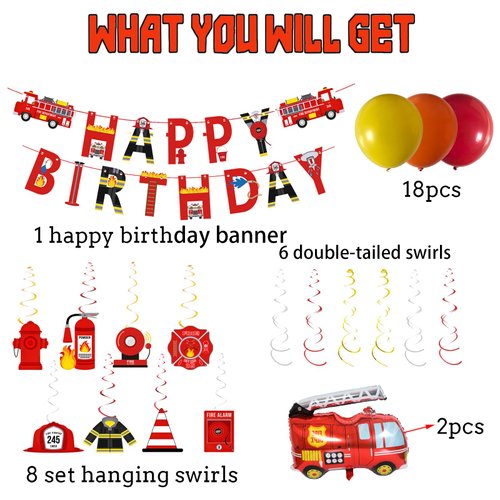 Fire Truck Birthday Party Decorations Pack Fire Truck Happy Birthday Banner Fire Engine Rescue Hanging Swirls 2 Foil Balloons 18 Latex Balloons for Boys Fireman Party Decorations