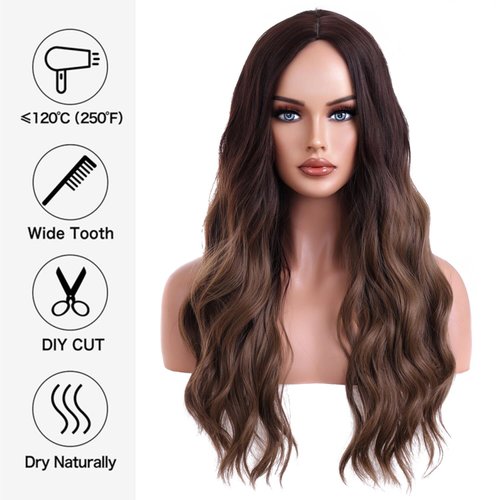 iChicHair 26 Inches Brown Wig for Women Long Wavy Wig with Dark Roots Natural Brunette Curly Wigs Middle Part Synthetic Hair Wig for Party Daily Use