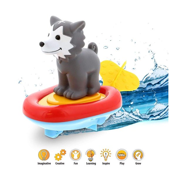 Dollibu Boat Racer Buddy, Fun Educational Bath Toy Finger Puppet Pull and Go Water Racing Woodland Pal for Shower Pool Bathtub Swim Hard Surfaces for Baby Toddler and Boy - 6 Inch - 3 in 1 Game - Wolf
