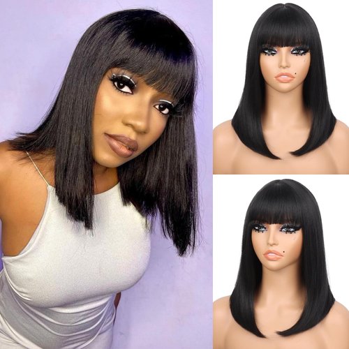 Guree Hair 14 Inch Light Yaki Bob Wigs for Black Women Wear And Go Glueless Wig Short Straight Blunt Cut Bob Wig With Bangs 180% Density Natural Hairline Synthetic Wig for Daily Party Use (Black)