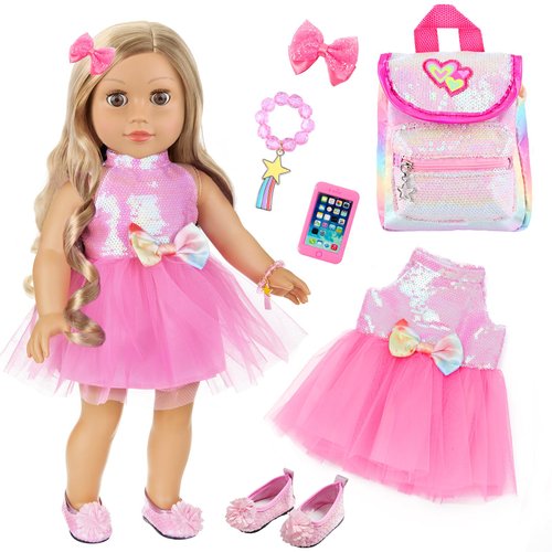 18 Inch Girl Doll Clothes and Backpack,American Doll Sequin Backpack School Supplies Accessories Set Included 18 inch Doll Backpack,Sequin Gauze Dress,Doll Shoes,Bow Knot Hairpin,Hand Chain(No Doll)