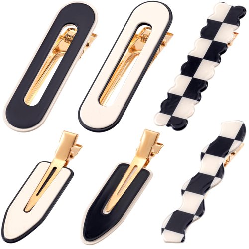 SmallCat 6 PCS Black White No Crease Hair Clips, Acrylic Hair Barrettes for Women, No Bend Checkered Hair Clip, Vintage Hairpin Hair Accessories for Women