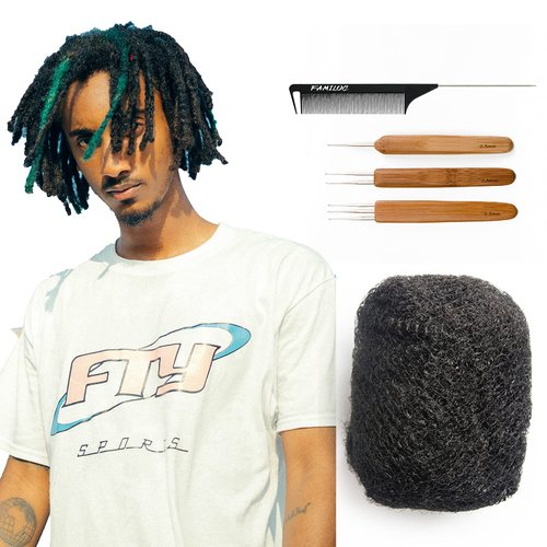FAMILOCS 10 Inch 30g Afro Kinky Bulk Human Hair for Dreads, Making Dreadlocks, Repair Locs, Twist Braiding, 1B Natural Black Color Can be Dyed and Bleached, with Crochet Hook and Comb