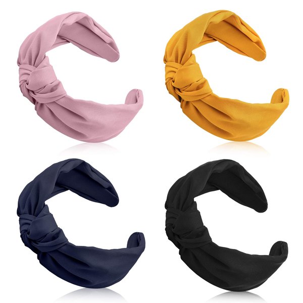 Chuangdi 4 Pieces Wide Knotted Headbands Knot Hairband Solid Color Plain Headband Knot Turban Headband Twist Turban Headwrap Yoga Hair Band Elastic Hair Accessories for Women