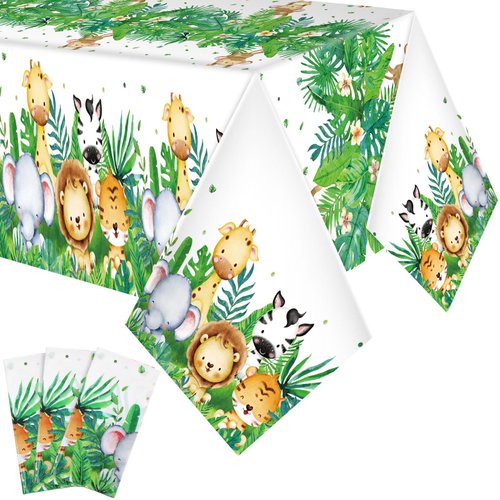 Peryiter Jungle Safari Animals Tablecloth Plastic Wild One Table Cover 54 ×108 Inch Sage Green Tablecloth Safari Theme Decorations for Jungle Party Baby Boys Safari Birthday Party Supplies (3 Pcs)