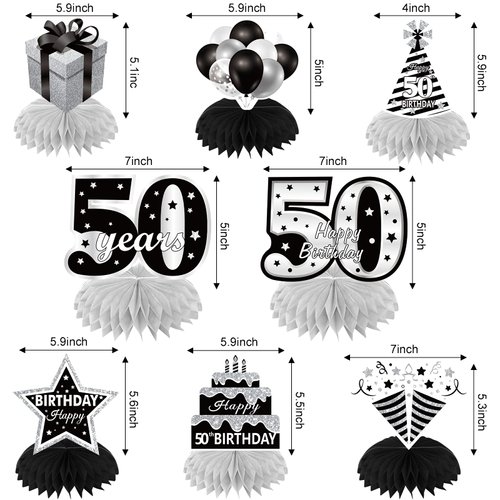 50th Birthday Decorations Honeycomb Centerpieces for Women Men, 8pcs Black White Silver Happy 50 Birthday Table Topper Party Supplies, Fifty Years Old Birthday Table Sign Decor