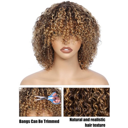 LYOLKSER wigs human hair 200 density short curly human hair wig with bangs 100% human hair no lace human hair wigs for women 12 inch highlight P4/27,for mom,for birthday,for travel.