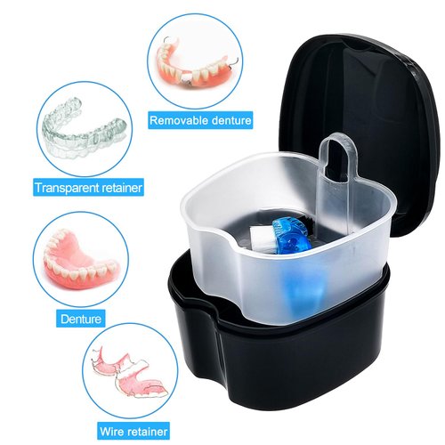 Black Denture Soaking Container Partial Denture Case, Orthodontic Retainer Cleaning Case Denture Cleaner Container Dentures Teeth Cup with Strainer and Lid Waterproof