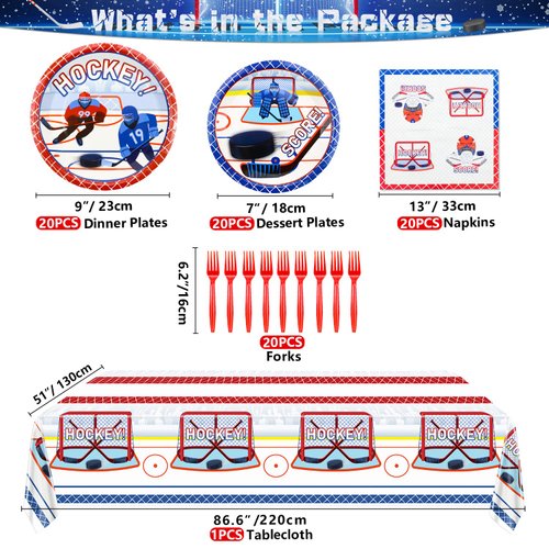 Hegbolke Hockey Party Supplies Serve 20-81Pcs Plates Napkins Tablecloth Forks Set for Kid's Hockey Fans Birthday Gameday Hockey Theme Party Decorations