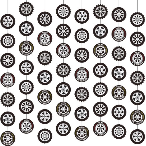 Sinload 8 Pieces Race Car Party Decorations Wheel Tire Garland Banners Car Tyre Paper Cutouts for Racing Car Birthday Party Favors Classroom Supplies