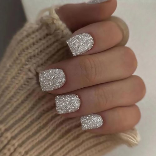 Generic 24Pcs Square Press on Nails Short Silver Glitter Fake Nails Shine Full Cover False Nails Acrylic Stick on Nails Acrylic Reusable Artificial Nails for Women Girls Glue on Nails