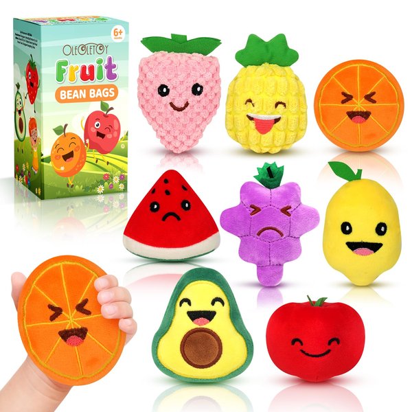 Sensory Toys for Kids, 8 Pack Mini Fruit Soft Stuffed Plush Toy for Girls or Boys, Toddler Pretend Play Kitchen Food, Strawberry, Avocado, Pineapple and Orange for Kids