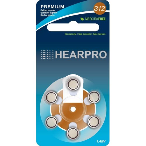 HEARPRO Size 312 Long-Lasting Hearing Aid Batteries 60 Pack - Mercury-Free - Zinc Air Technology - Made in USA - Plus Keychain Battery Case