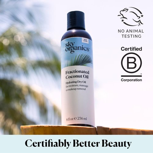Sky Organics Fractionated Coconut Oil, Hydrating Dry Oil for Moisture, Massage and Makeup Removal, Suitable for All Skin Types, 100% Pure and Cold Pressed Multipurpose Body and Face Oil, 8 fl. Oz