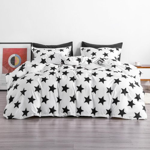 NTBAY 3 Pieces 100% Brushed Microfiber Star Printed Duvet Cover Set, Super Soft Black and White Reversible Design Zipper Comforter Cover with Ties and 2 Pillow Shams (Full/Queen, Star)