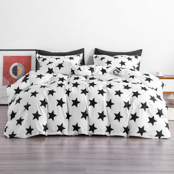 NTBAY 3 Pieces 100% Brushed Microfiber Star Printed Duvet Cover Set, Super Soft Black and White Reversible Design Zipper Comforter Cover with Ties and 2 Pillow Shams (Full/Queen, Star)