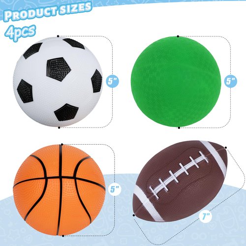 LovesTown 4PCS Sports Balls, Sport Ball Toy for Kids with Pump Football Soccer Ball Basketball Playground Ball for Toddlers Indoor & Outdoor Play, Christmas Party Favors, Stocking Stuffer Gifts