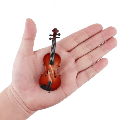 Dselvgvu Wooden Miniature Violin with Stand,Bow and Case Mini Musical Instrument Miniature Dollhouse Model Home Decoration (3.94"x1.57"x0.63")