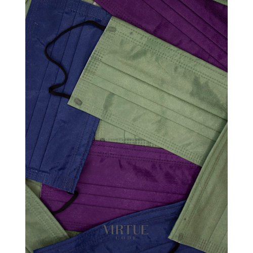 VIRTUE CODE Support Face Masks - Soft 3 Ply Comfort Face Masks, Colorful Disposable Face Mask 50 Pack. Blue Purple Green Colored Masks. Adults Mens and Womens Disposable Face Masks