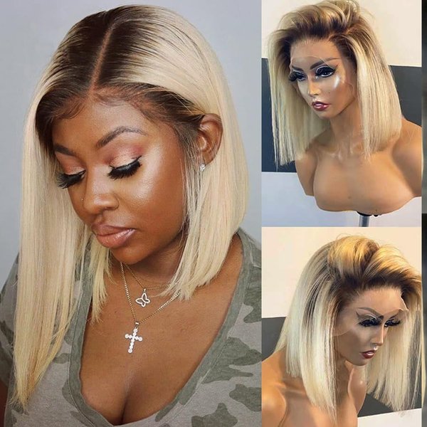 13x4 Hd Blonde Bob Lace Front Wigs Human Hair for Black Women,14" 150% Density Glueless Pre Plucked Ombre Blonde Straight Remy Brazilian Virgin Human Hair Wig with Baby Hair