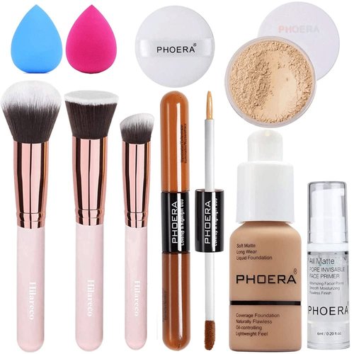 PHOERA Foundation Makeup Set,Matte Lipstick Set, PHOERA Primer, PHOERA Powder, PHOERA Highlighter and Contour, PHOERA Concealer, Foundation Brush Makeup Powder Brush Concealers Brush, Makeup Sponge