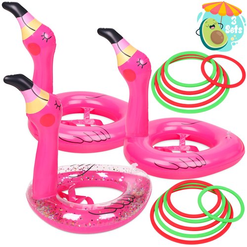 3 PCS Flamingo Inflatable Ring Toss Game - Pool Party Toys Supplies Luau Decorations